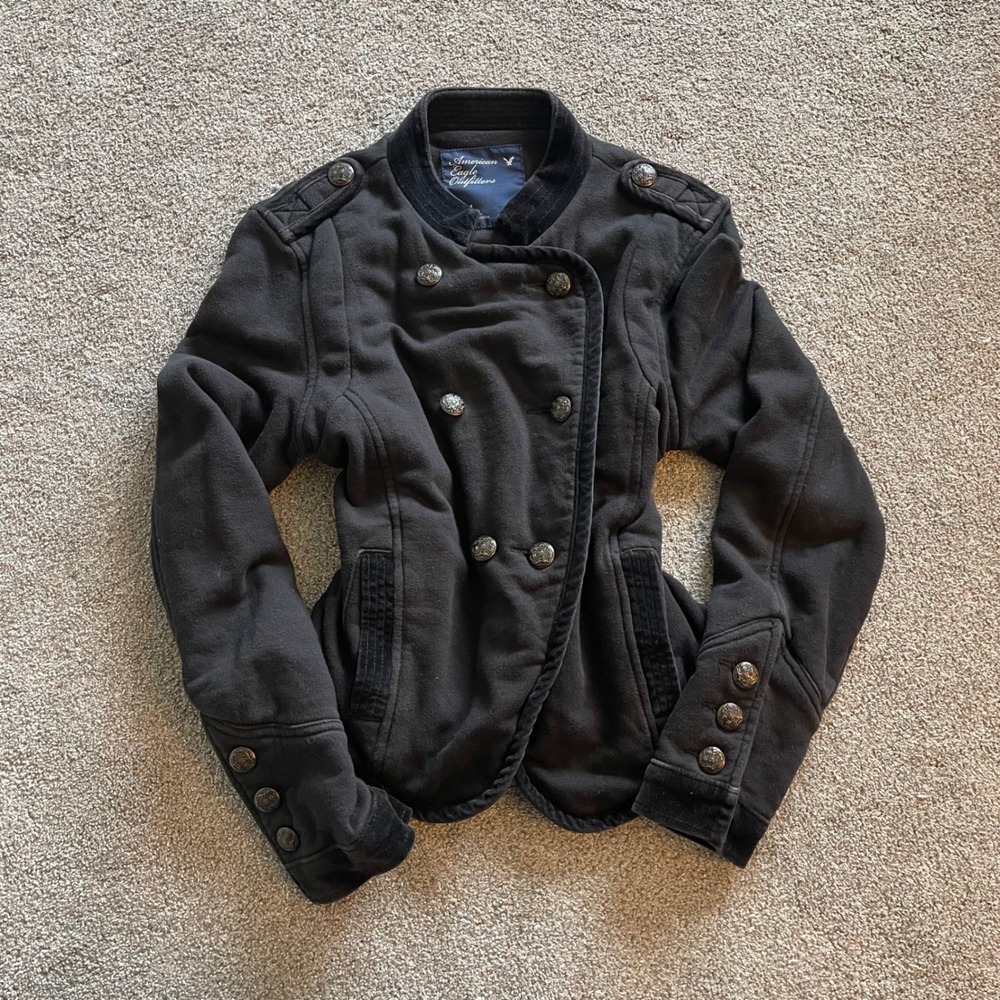 Womens American Eagle Military Band Jacket M Black Excellent Fleece Velvet Trim
